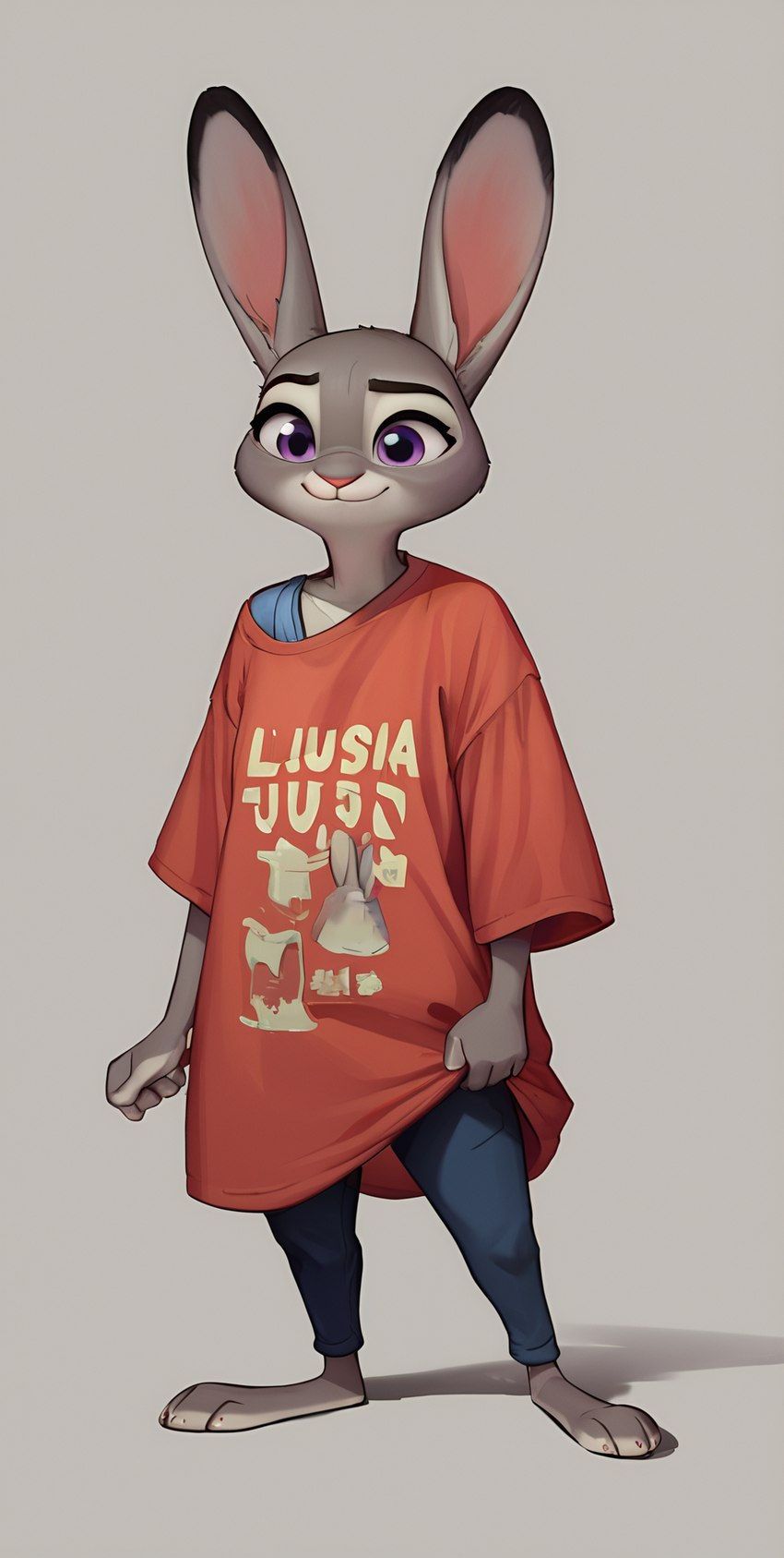 anthro clothed clothing ears_up female fully_clothed holding_clothing holding_object oversized_shirt smile solo standing zootopia charlynash judy_hopps lagomorph leporid mammal rabbit hi_res