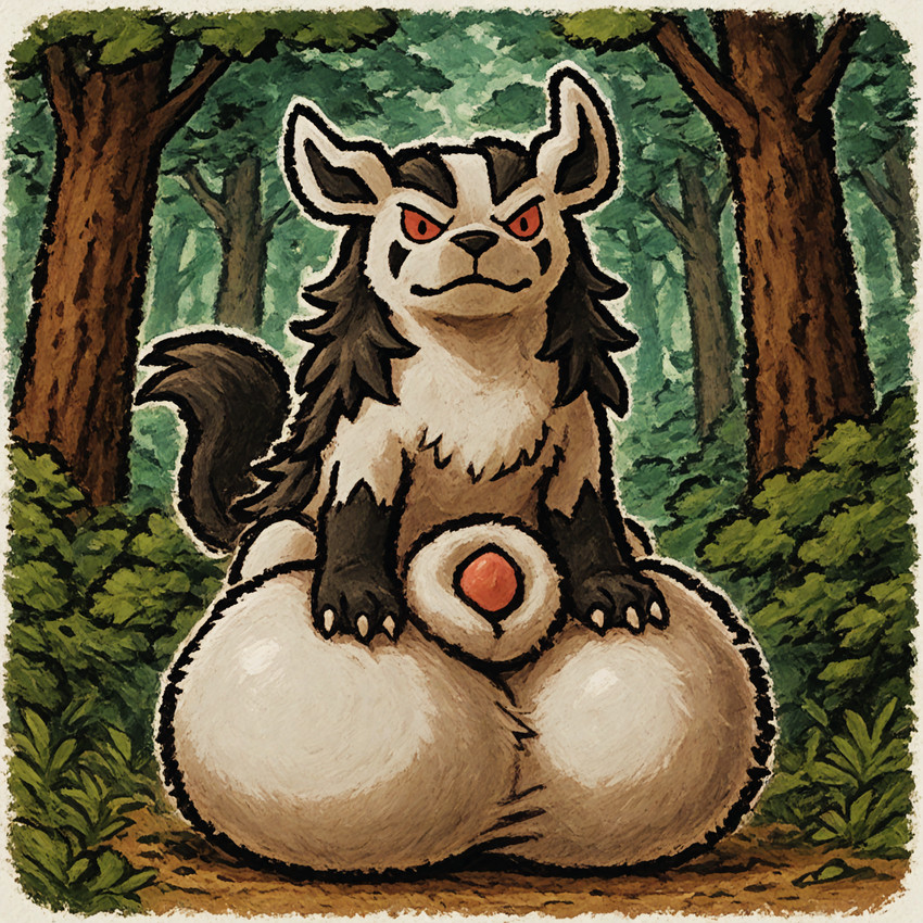 animal_genitalia balls big_balls feral forest genitals huge_balls hyper hyper_balls hyper_genitalia male penis penis_tip plant sheath solo tree thedavid nintendo pokemon generation_3_pokemon mightyena pokemon_(species) hi_res