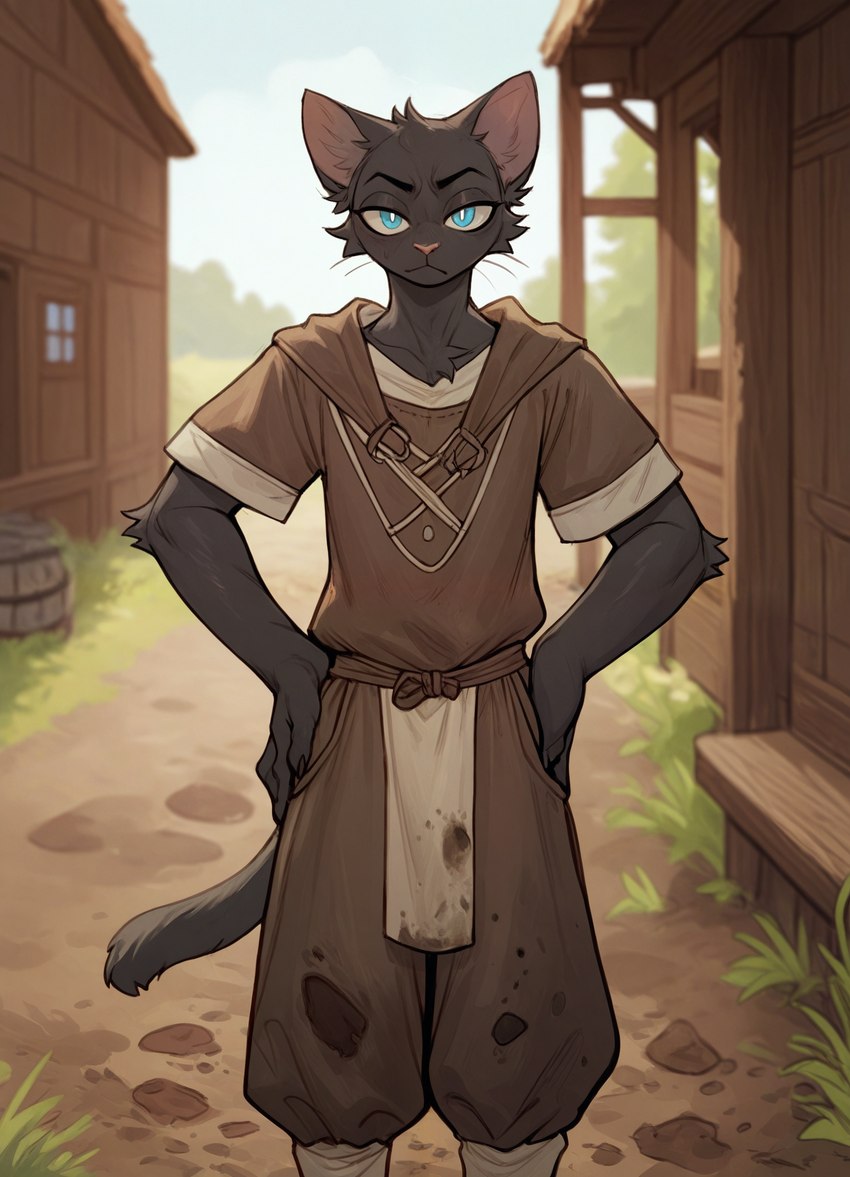 anthro black_body black_fur blue_eyes clothed clothing dirt dirty fur hand_on_hip looking_at_viewer male outside pouting solo nonimousmate tom_the_cat domestic_cat felid feline felis mammal hi_res