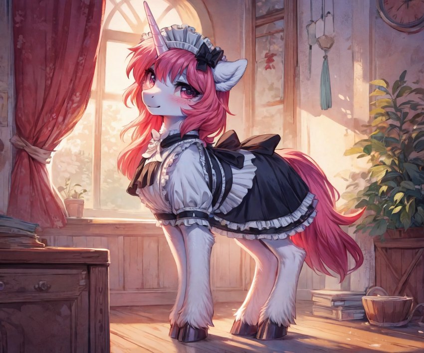 ambiguous_gender black_clothing blushing_at_viewer bow_ribbon clothed clothing dark_hooves day detailed_background dress ears_back feral fetlocks fur hair hooves horn indigo_furry_mix_v120_hybrid indigofurrymix_(model) inner_ear_fluff inside light looking_at_viewer maid_headdress maid_uniform mane pivoted_ears plant plant_pot potted_plant prompt quadruped red_eyes red_hair red_mane red_tail smile smiling_at_viewer solo solo_focus standing sunlight tuft unicorn_horn uniform wall_(structure) white_body white_clothing white_fetlocks white_fur window window_light wood_floor wood_wall mechanic_31 equid equine horse mammal my_little_pony pony unicorn colored colorful detailed full-length_portrait hi_res portrait prompt_metainfo shaded