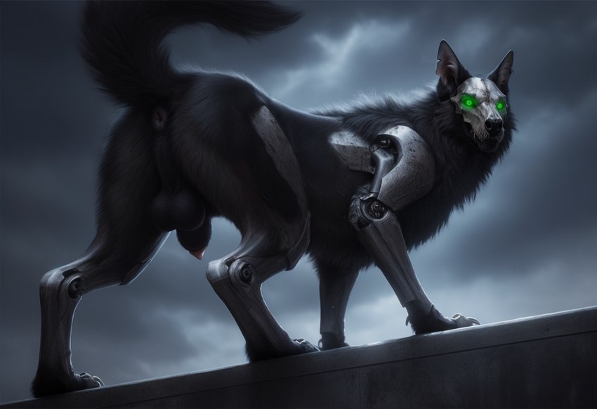 animal_genitalia animal_penis anus balls black_body black_fur canine_genitalia canine_penis cloudy cybernetic_limb cybernetics dimly_lit feral fur genitals glowing glowing_eyes green_eyes looking_at_viewer low-angle_view machine male mask metal metal_claws notched_ear penis penis_tip sheath side_view skull_mask solo steel wall_(structure) polar_(director) canid canine canis cyborg domestic_dog german_shepherd herding_dog mammal pastoral_dog