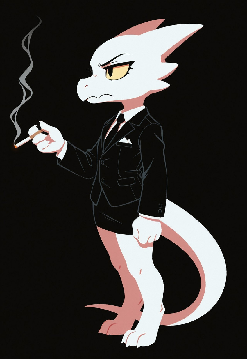 anthro black_background cigarette female looking_at_another mafia minimalist serious simple_background simple_eyes solo white_body yellow_eyes synaker kobold 2025 colored hi_res shaded simple_shading