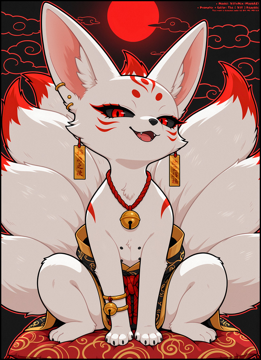 4_fingers 4_toes asian_clothing bell black_nipples black_sclera claws clothing cloud cute_fangs ear_piercing east_asian_clothing eyelashes feet female feral fingers fur fur_tuft head_tilt japanese_clothing kimono long_eyelashes looking_at_viewer markings multi_nipple multi_tail nipples pendant piercing pillow red_eyes red_markings simple_background sitting smug solo text toes tuft the_yiff_republic canid canine deity fennec fox mammal absurd_res cel_shading flat_colors hi_res japanese_text shaded