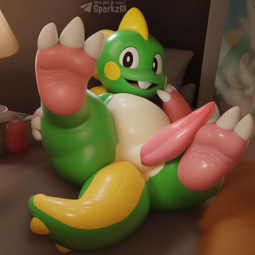 3_toes animal_genitalia anthro bed biped buckteeth claws erection feet foot_focus furniture genital_slit genitals green_body inflatable looking_at_viewer lying male mythology nude on_back open_mouth paws penis pillow slit smile soles solo tail tapering_penis teeth text toe_claws toes wrinkled_feet yellow_body sergalbutt bubble_bobble bub_(bubble_bobble) animate_inanimate bubble_dragon dragon living_inflatable mythological_creature mythological_scalie scalie 1:1 detailed signature url