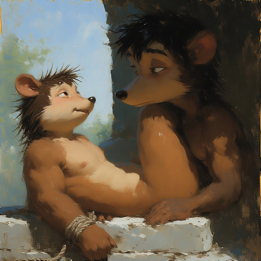 anthro arms_tied bdsm bedroom_eyes bondage bound brown_body brown_fur day duo fur hair light lying male male/male narrowed_eyes nipples nude on_bottom outside plant restraints rope rope_bondage ruins seductive smile extravirginweaseloil eulipotyphlan hedgehog mammal hi_res