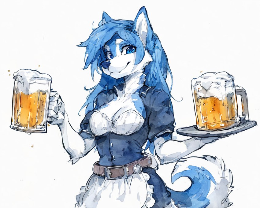 5_fingers alcohol anthro beer beer_mug belt beverage blue_body blue_eyes blue_fur blue_hair blue_nose breasts cleavage clothed clothing container cup eyebrows eyelashes female fingers fur hair holding_object long_hair looking_at_viewer maid_uniform multicolored_body multicolored_fur simple_background smile solo standing tuft two_tone_body two_tone_fur uniform waiter white_background white_body white_clothing white_fur aphid butterwolf canid canine canis domestic_dog husky mammal nordic_sled_dog spitz half-length_portrait painting_(artwork) portrait traditional_media_(artwork) watercolor_(artwork)