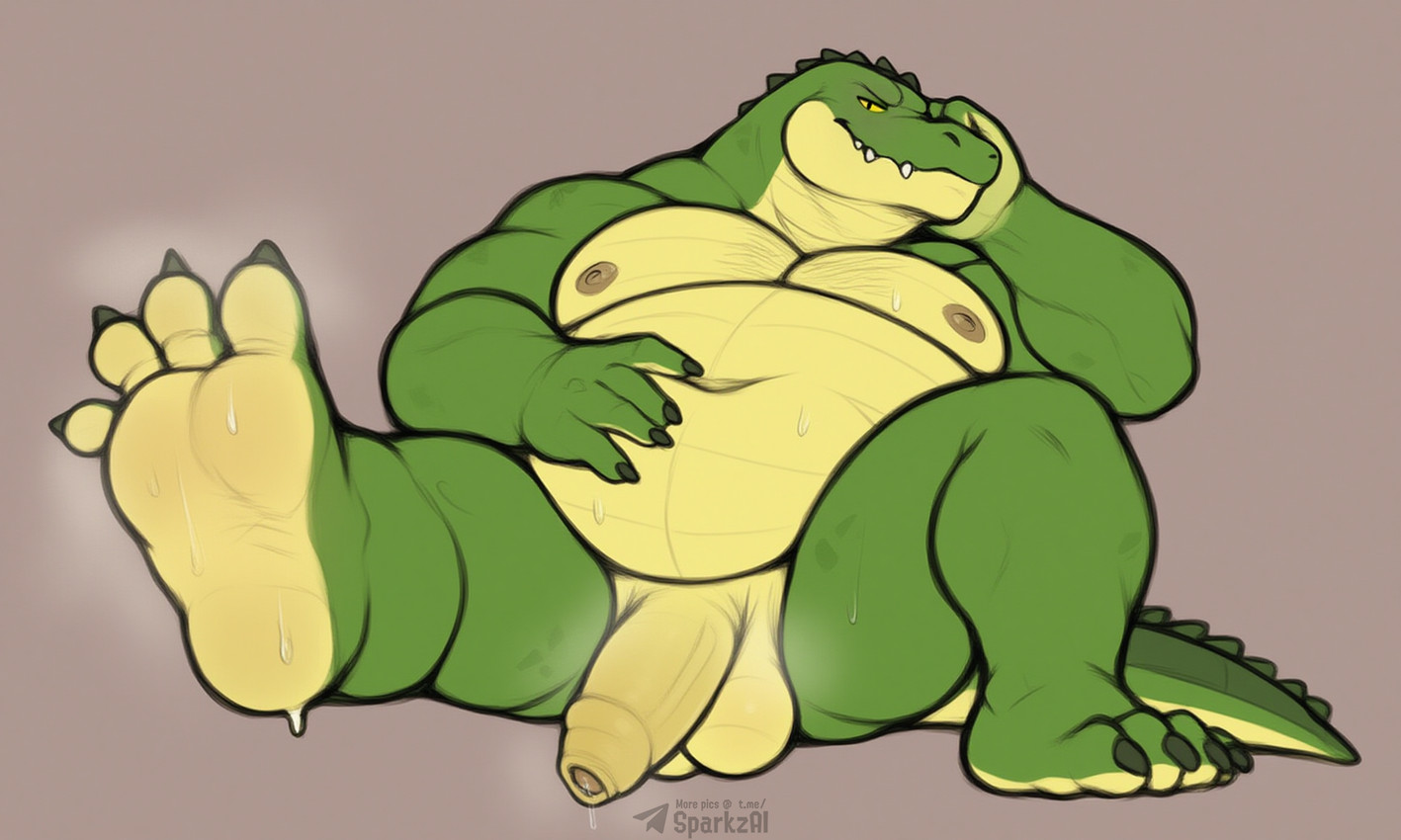 4_toes anthro balls belly big_belly biped bodily_fluids claws countershade_feet countershading feet fingers foot_fetish foot_focus foreskin genital_fluids genitals green_body green_scales half-erect hand_on_stomach humanoid_feet humanoid_genitalia humanoid_penis looking_at_viewer male musclegut muscular musk musk_clouds navel nipples nude overweight overweight_anthro overweight_male penis plantigrade precum scales simple_background smelly smelly_feet smile soles solo sweat sweaty_feet text toe_claws toes unretracted_foreskin sergalbutt crocodile crocodilian crocodylid reptile scalie 5:3 hi_res signature url