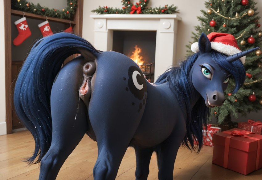 animal_genitalia animal_pussy blue_body blue_hair christmas_clothing christmas_headwear christmas_tree clothing equine_pussy female feral genitals hair hat headgear headwear horn looking_at_viewer looking_back plant pussy santa_hat solo tail_up tree mare_fan_ultimate my_little_pony princess_luna_(mlp) equid equine mammal unicorn