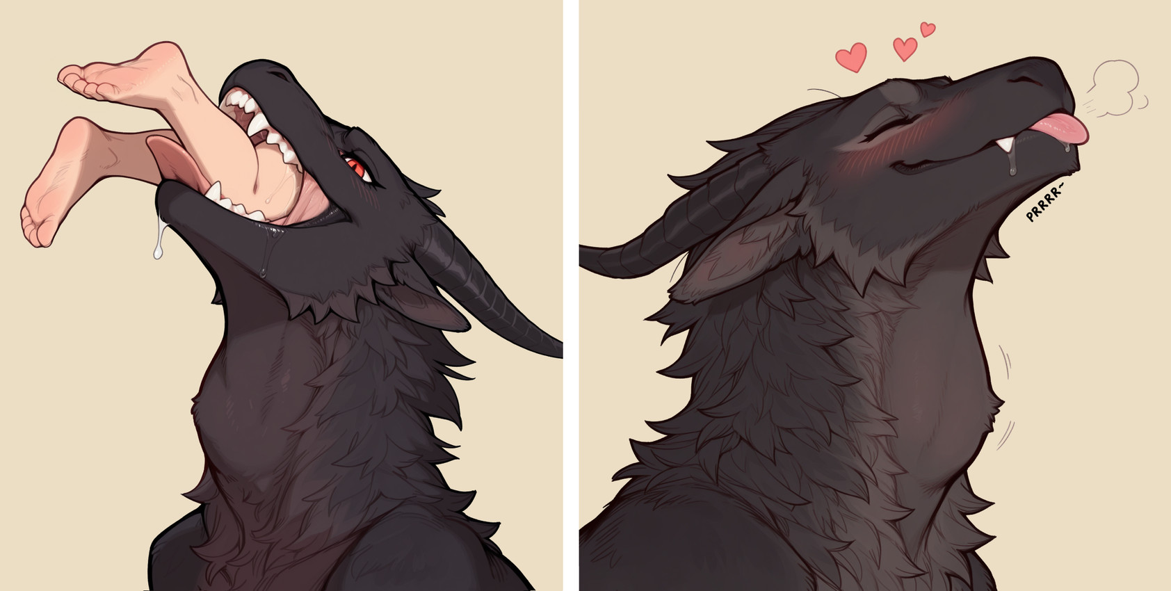 <3 blep blush bodily_fluids drooling duo female feral fur horn male male/female mythology neck_bulge oral_vore saliva swallowing tongue tongue_out vore cerinil dragon furred_dragon human mammal mythological_creature mythological_scalie scalie comic hi_res