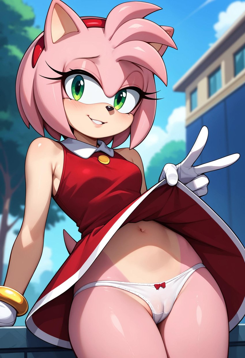 anthro bedroom_eyes belly camel_toe clothed clothing clothing_lift dress dress_lift female genitals gesture half-closed_eyes looking_at_viewer looking_down_at_viewer narrowed_eyes panties presenting presenting_pussy pussy seductive smile smiling_at_viewer solo underwear upskirt v_sign tricksterfox sonic_the_hedgehog_(series) amy_rose eulipotyphlan hedgehog mammal absurd_res hi_res