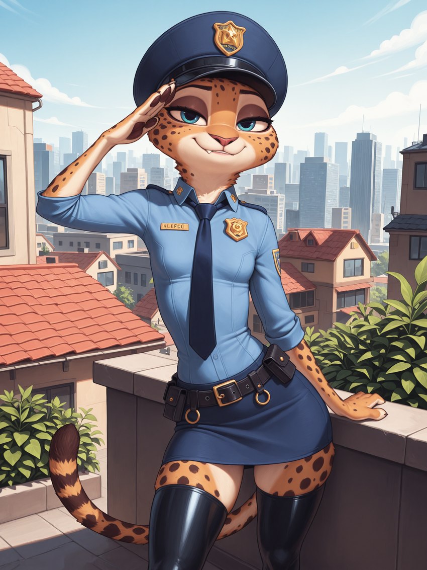 4_fingers absolute_territory badge belt black_clothing black_latex black_legwear black_thigh_highs blue_bottomwear blue_clothing blue_eyes bottomwear breasts building city city_background cityscape claws clothed clothing cloud countershading day detailed_background disney eyelashes female fingers fully_clothed fur furgonomics gesture glistening glistening_clothing half-closed_eyes hat headgear headwear latex latex_clothing latex_legwear latex_thigh_highs legwear looking_at_viewer markings miniskirt multicolored_body multicolored_fur narrowed_eyes necktie on_roof orange_body orange_fur outside pink_nose plant police police_badge police_hat police_officer police_uniform salute seductive shirt skirt sky slim small_breasts smile solo spots spotted_body spotted_fur standing stockings tail tail_markings teeth thigh_highs tight_clothing topwear tuft uniform urban white_body white_fur yellow_body yellow_fur alucard_(director) zootopia kii_catano cheetah felid feline mammal absurd_res hi_res portrait three-quarter_portrait