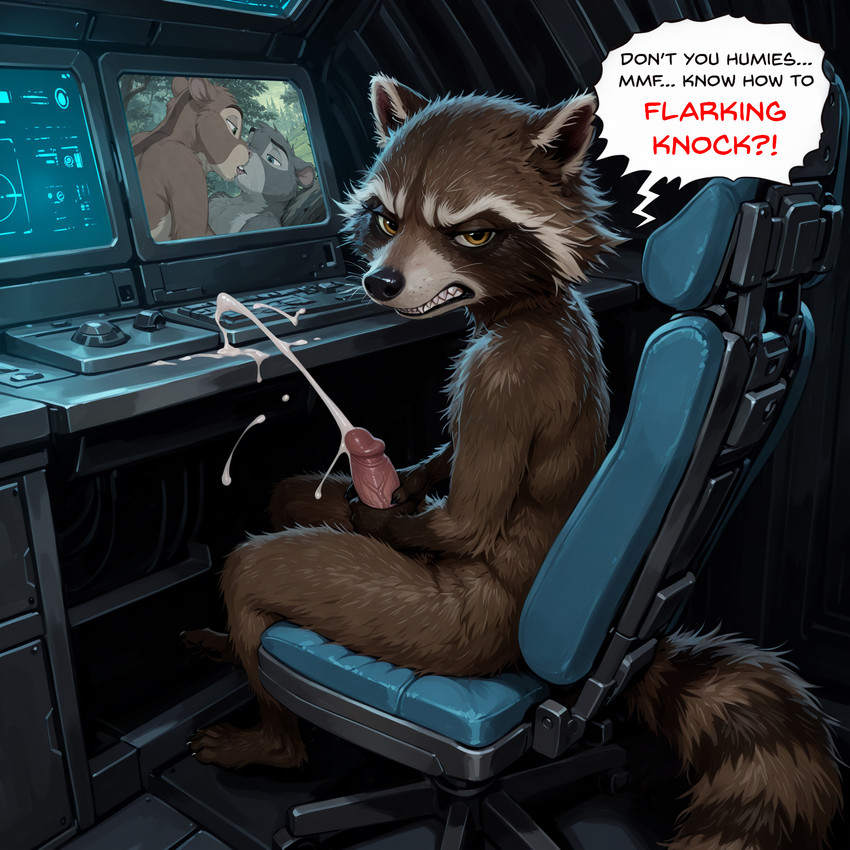 annoyed anthro bodily_fluids caught caught_masturbating chair computer cum cumshot dialogue ejaculation furniture genital_fluids genitals humanoid_genitalia humanoid_penis interrupted_orgasm looking_at_porn looking_at_viewer male masturbation monitor nude nude_male orgasm penis pornography screen solo speech_bubble aksel marvel rocket_raccoon mammal procyonid raccoon hi_res
