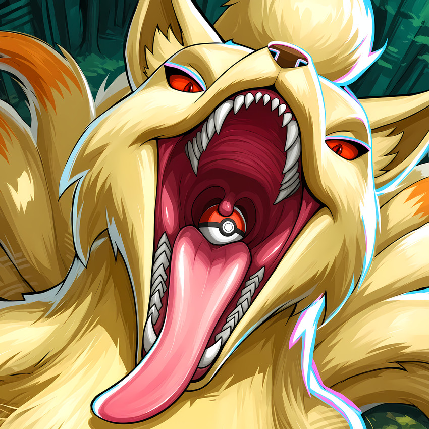 ambiguous_gender fangs feral mouth_shot object_vore open_mouth pokeball pokeball_vore solo swallowing teeth tongue uvula vore thedavid nintendo pokemon generation_1_pokemon ninetales pokemon_(species) hi_res