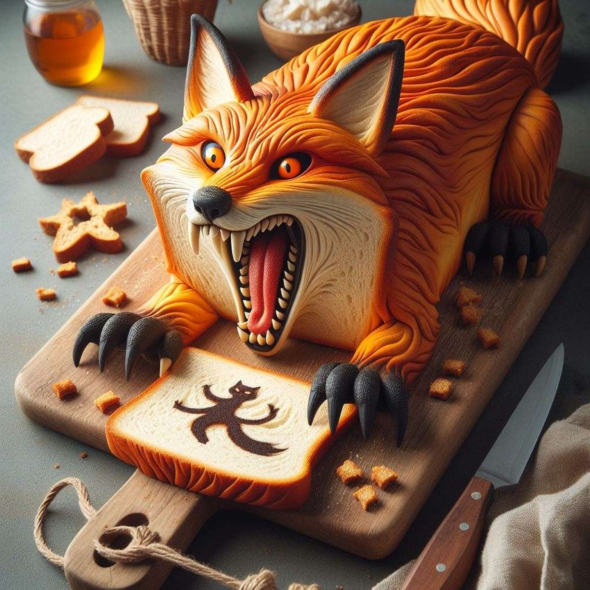 bread claws food orange_eyes teeth tongue icefoxai canid canine fox mammal