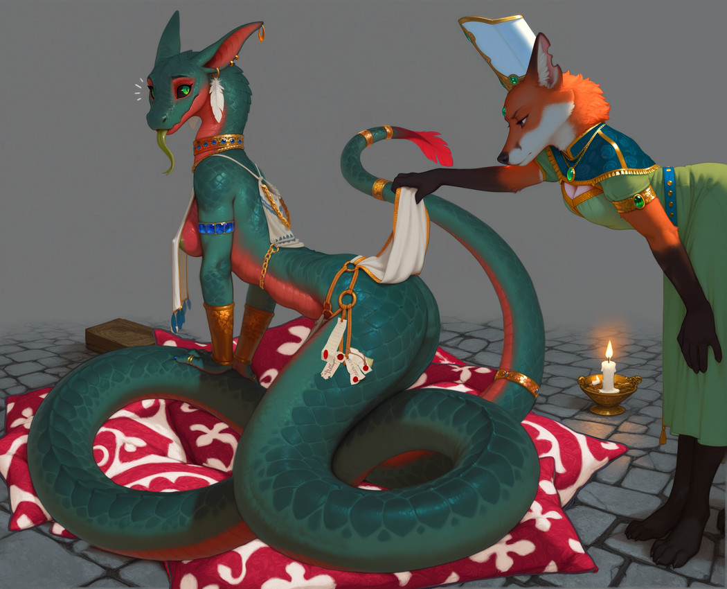 accessory anthro apode bottomwear bottomwear_aside breasts butt candle clothed clothing clothing_aside duo ear_piercing ear_ring feathers feet female female/female fingers forked_tongue fur furgonomic green_body green_scales headgear jewelry legless loincloth loincloth_aside multicolored_body necklace non-mammal_breasts orange_body piercing red_body ring_piercing scales serpentine small_breasts smile tail tail_accessory tail_jewelry tongue tongue_out tuft soloko canid canine draconcopode fox mammal naga reptile scalie snake digital_media_(artwork) hi_res