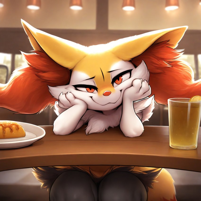 3_fingers ambiguous_gender anthro beverage black_body black_fur cafe dipstick_tail fingers food fur furniture hand_on_head inside lights looking_at_viewer markings orange_body orange_eyes orange_fur restaurant sitting smile solo table tail_markings white_body white_fur yellow_body yellow_fur busahou nintendo pokemon braixen generation_6_pokemon pokemon_(species) hi_res