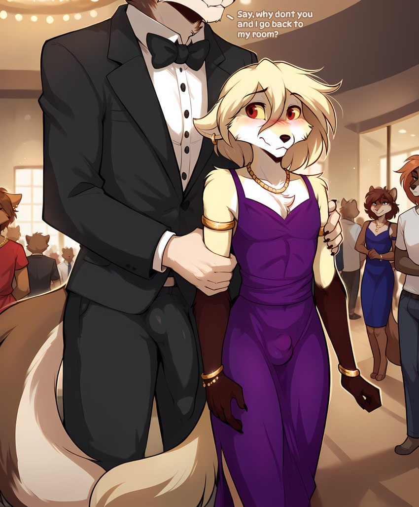 anthro blush bow_tie bracelet bulge classy clothed clothing crossdressing crowd dialogue dress duo_focus embarrassed eyewear fur girly glasses group hair inside jewelry male male/male necklace public red_eyes restaurant smile suit text anontk twokinds brutus_(twokinds) clovis_(twokinds) canid canine canis felid fox keidran mammal wolf english_text hi_res