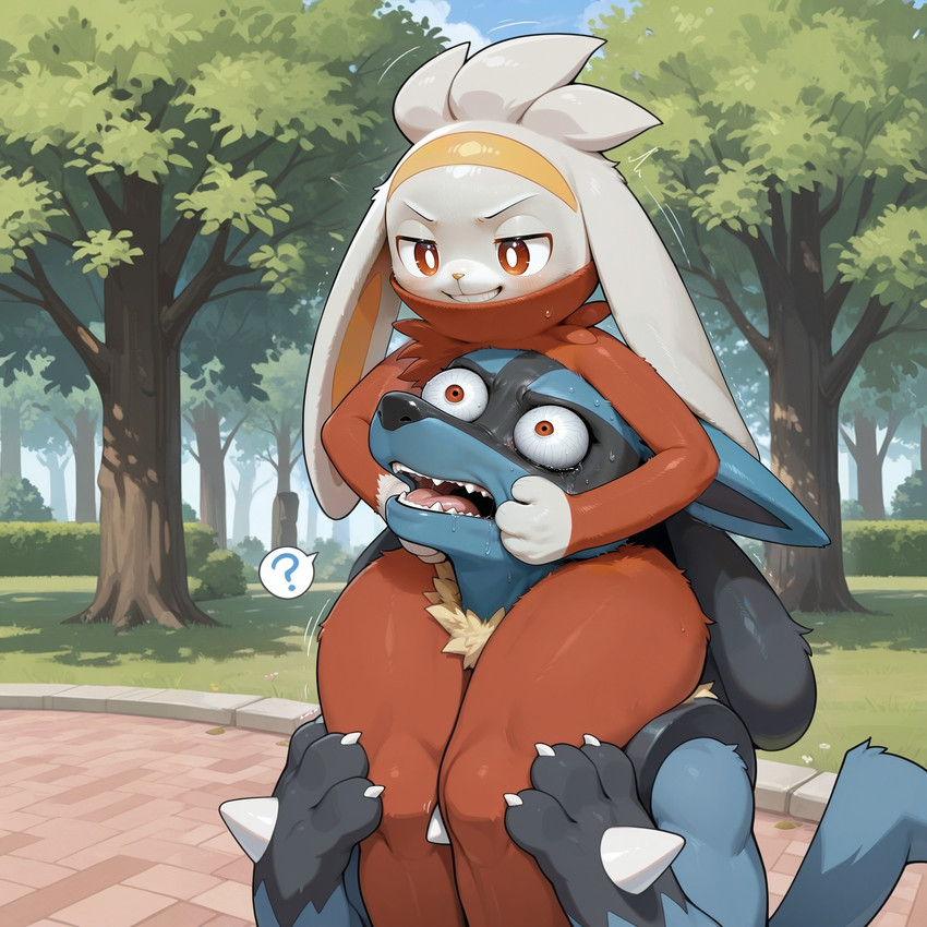 anthro asphyxiation biped black_body black_fur blue_body blue_fur blush bodily_fluids bulging_eyes carrying_another choking claws day detailed_background duo evil_grin female fingers fur grass male male/female open_mouth outside plant question_mark red_body red_eyes size_difference smile spikes spikes_(anatomy) sweat teeth thick_thighs tree white_body white_fur denatural nintendo pokemon canid generation_4_pokemon generation_8_pokemon lagomorph lucario mammal pokemon_(species) raboot digital_media_(artwork) hi_res
