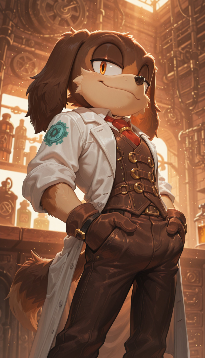 anthro bottomwear brown_body brown_fur clothing collar fluffy fluffy_tail fur gloves handwear inside male necktie pants smile smiling_at_viewer solo standing tail topwear vest crody canid canine canis domestic_dog mammal hi_res