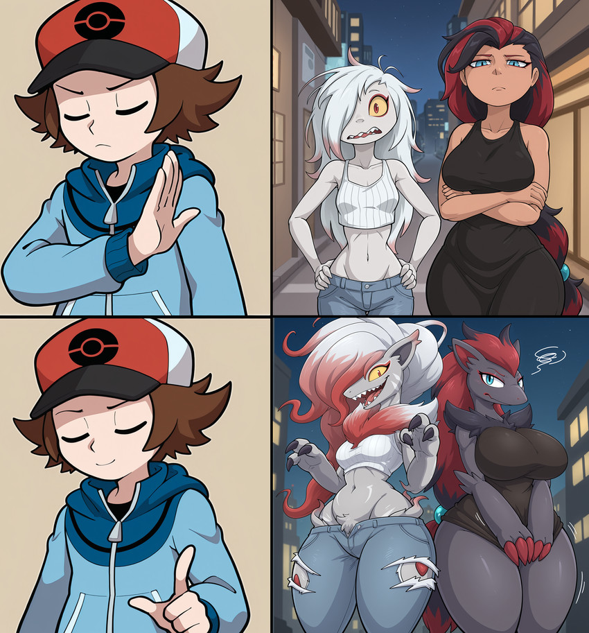 after_transformation anthro big_breasts bottomwear breasts city city_background claw_pose clothed clothing covering covering_crotch crop_top crotch_tuft dress duo female frown huge_breasts looking_at_viewer low-angle_view male male/female medium_breasts midriff mouth_closed open_bottomwear open_clothing open_mouth open_pants pants sharp_teeth shirt smile smiling_at_viewer solo teeth topwear tuft undersized_clothing koboldcollector nintendo pokemon hilbert_(pokémon) generation_5_pokemon hisuian_form hisuian_zoroark human mammal pokemon_(species) regional_form_(pokemon) zoroark comic hi_res meme