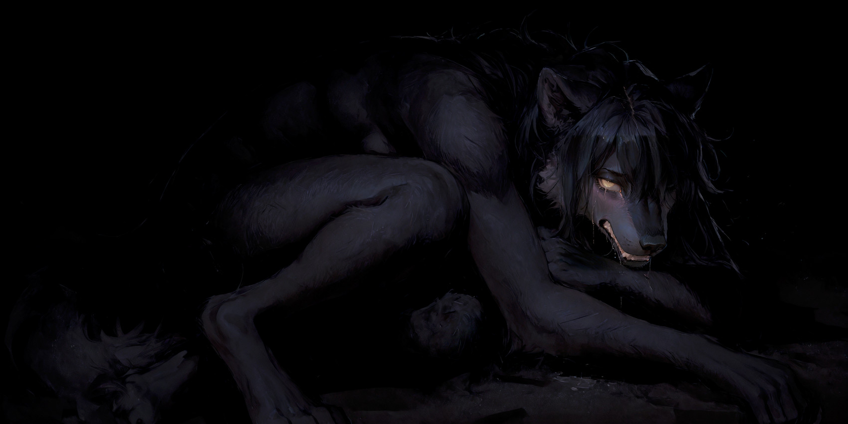 anthro black_background black_body black_fur black_hair bodily_fluids crouching crying curled_up dark digitigrade female fur hair hair_over_eye one_eye_closed one_eye_obstructed sad saliva simple_background solo tears teeth yellow_eyes not_a_real_wolf juniper canid canine canis mammal werecanid werecanine werecreature werewolf wolf hi_res