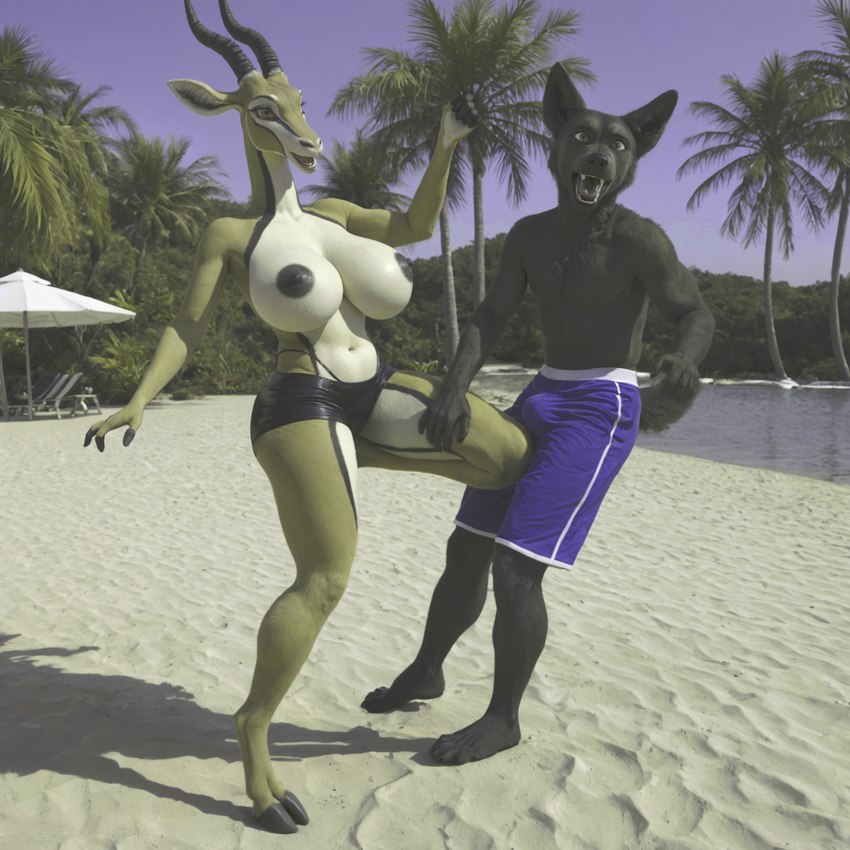 amber_eyes anthro beach_background belly big_breasts black_body black_fur black_hooves black_nipples black_nose bottomwear bovid_horn breasts brown_body brown_fur bulge clothed clothing cloven_hooves cock_and_ball_torture detailed_background dominant dominant_anthro dominant_female duo exposed_breasts eyelashes facial_markings fangs female fluffy fluffy_tail fur genital_outline genital_torture head_markings hooves horn hotpants inner_ear_fluff kick laughing looking_at_viewer male male/female markings multicolored_body multicolored_fur navel nipples open_mouth palm_tree partially_clothed penis_outline photorealism plant plantigrade raised_leg realistic sand seaside sharp_teeth shocked_expression shorts submissive submissive_male teeth topless topless_female tree tuft two_tone_body two_tone_fur unguligrade unguligrade_anthro white_belly silvicultor antelope bovid canid canine canis gazelle mammal wolf hi_res