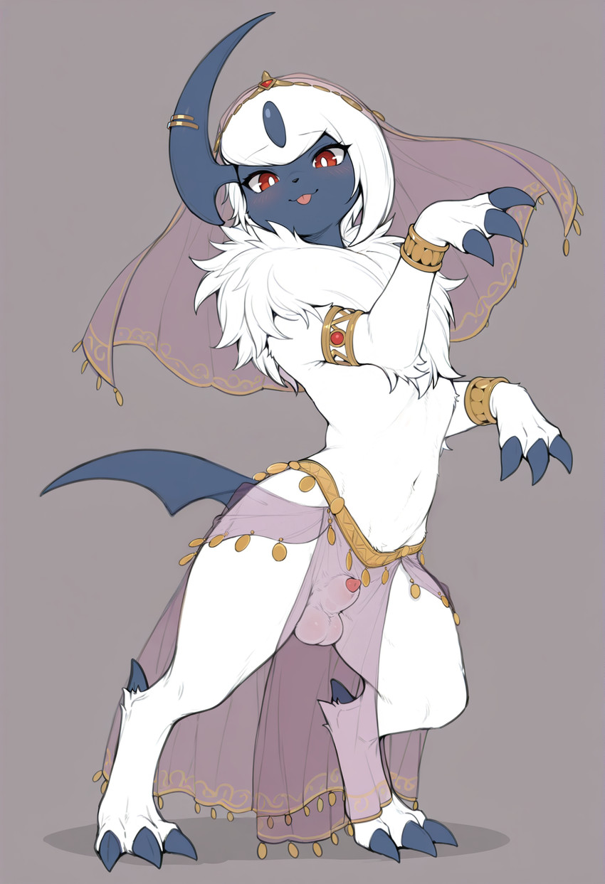 animal_genitalia animal_penis balls belly_dancer blep blush bracelet canine_genitalia canine_penis chest_tuft claws clothed clothed_feral clothing dancing femboy feral fur genitals gold_(metal) gold_bracelet gold_jewelry jewelry looking_at_viewer male navel penis penis_tip red_eyes sheath solo tongue tongue_out translucent translucent_clothing tuft white_body white_fur zakath nintendo pokemon absol generation_3_pokemon pokemon_(species) hi_res