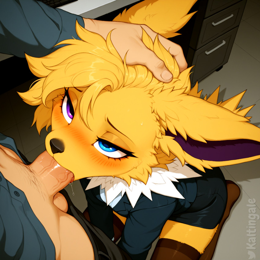 ambiguous_gender anthro anthro_penetrated balls bedroom_eyes belt blonde_hair blue_eyes blush bodily_fluids bottomwear bottomwear_down cheek_tuft clothed clothing desk dripping duo facial_tuft fellatio fingers first_person_view fluffy fur furniture genitals hair hand_on_head heterochromia high-angle_view human_on_anthro human_penetrating human_penetrating_anthro interspecies jacket kneeling kneeling_on_ground legwear long_ears looking_at_another looking_up male male/ambiguous male_pov multicolored_body multicolored_fur narrowed_eyes office office_clothing oral pants pants_down partially_clothed pencil_skirt penetration penile penis pokemorph pokephilia pubes purple_body purple_eyes purple_fur saliva saliva_drip saliva_on_penis seductive sex shirt short_hair side_view skirt solo_focus stockings sweat sweatdrop table thigh_highs tongue tongue_out topwear tuft two_tone_body two_tone_fur white_body white_fur yellow_body yellow_fur kaltingale_(director) nintendo pokemon jamie_(asp791) eeveelution generation_1_pokemon human jolteon mammal pokemon_(species) hi_res watermark trans_(lore)