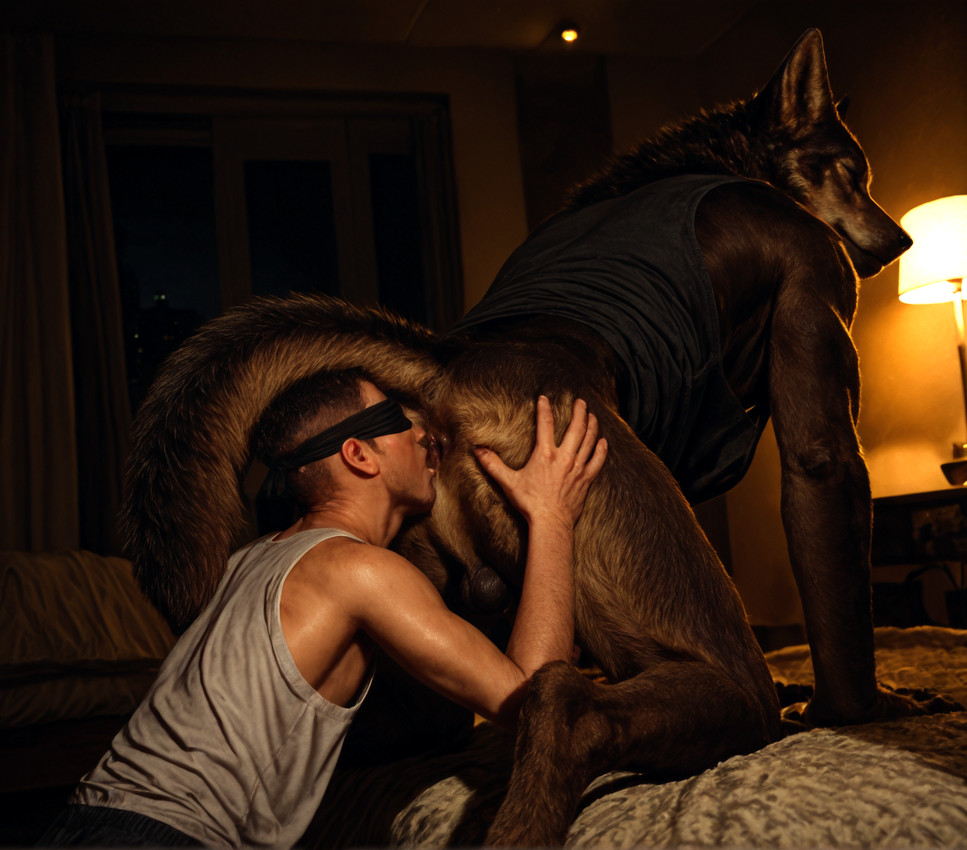 5_fingers all_fours anthro anus balls bed bedroom blindfold bottomless bottomless_anthro brown_body brown_fur butt butt_sniffing clothed clothing dark_balls dark_body dark_fur detailed_background digitigrade duo face_in_ass fingers fur furniture genitals hand_on_butt human_on_anthro inside interspecies kneeling male male/male muscular muscular_anthro muscular_male night on_bed partially_clothed perineum photorealism realistic realistic_fur realistic_lighting rear_view shirt smile sniffing tail tank_top topwear delken canid canine canis human mammal wolf hi_res