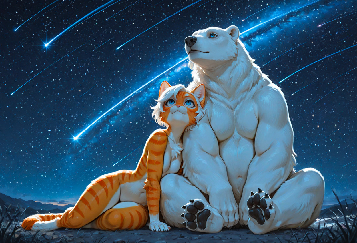 4_toes 5_fingers anthro black_nose black_pawpads blue_eyes casual_nudity chest_tuft claws countershade_face countershade_fur countershading cuddling detailed_background duo elbow_tuft feet female fingers fur grass hair larger_male looking_up lying male male/female meteor_shower muscular navel neck_tuft night nude on_side orange_body orange_fur outside pawpads paws plant pupils semi-anthro shooting_star sitting size_difference sky slight_smile slit_pupils smaller_female soles star starry_sky striped_body striped_fur stripes toe_claws toes tuft white_body white_fur white_hair nnam_si3 domestic_cat felid feline felis mammal polar_bear ursid ursine hi_res