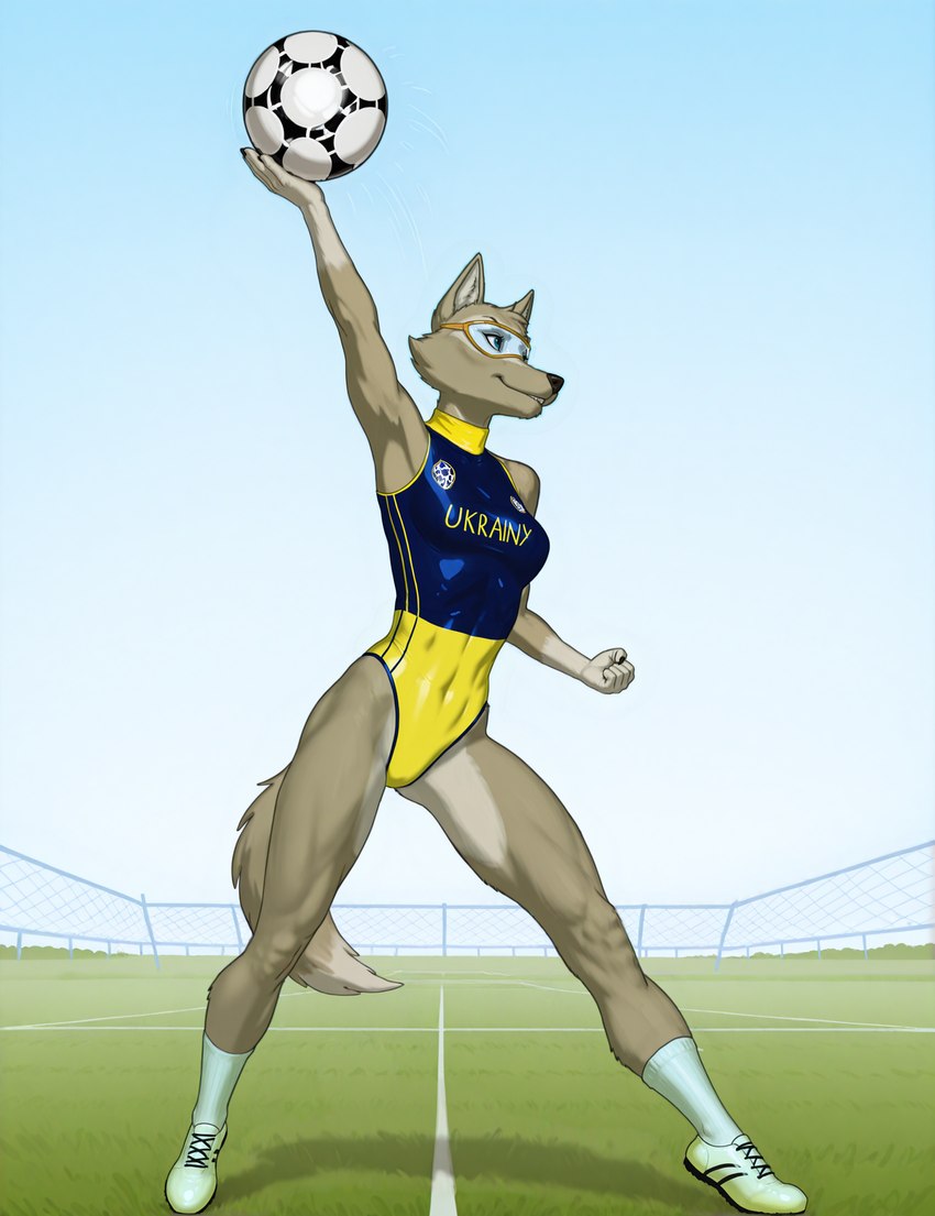 anthro athletic athletic_female ball clothing eyewear female field goggles leotard mascot rule63 soccer_ball soccer_uniform solo sportswear ukraine uniform gusc3 zabivaka canid canine canis mammal wolf hi_res
