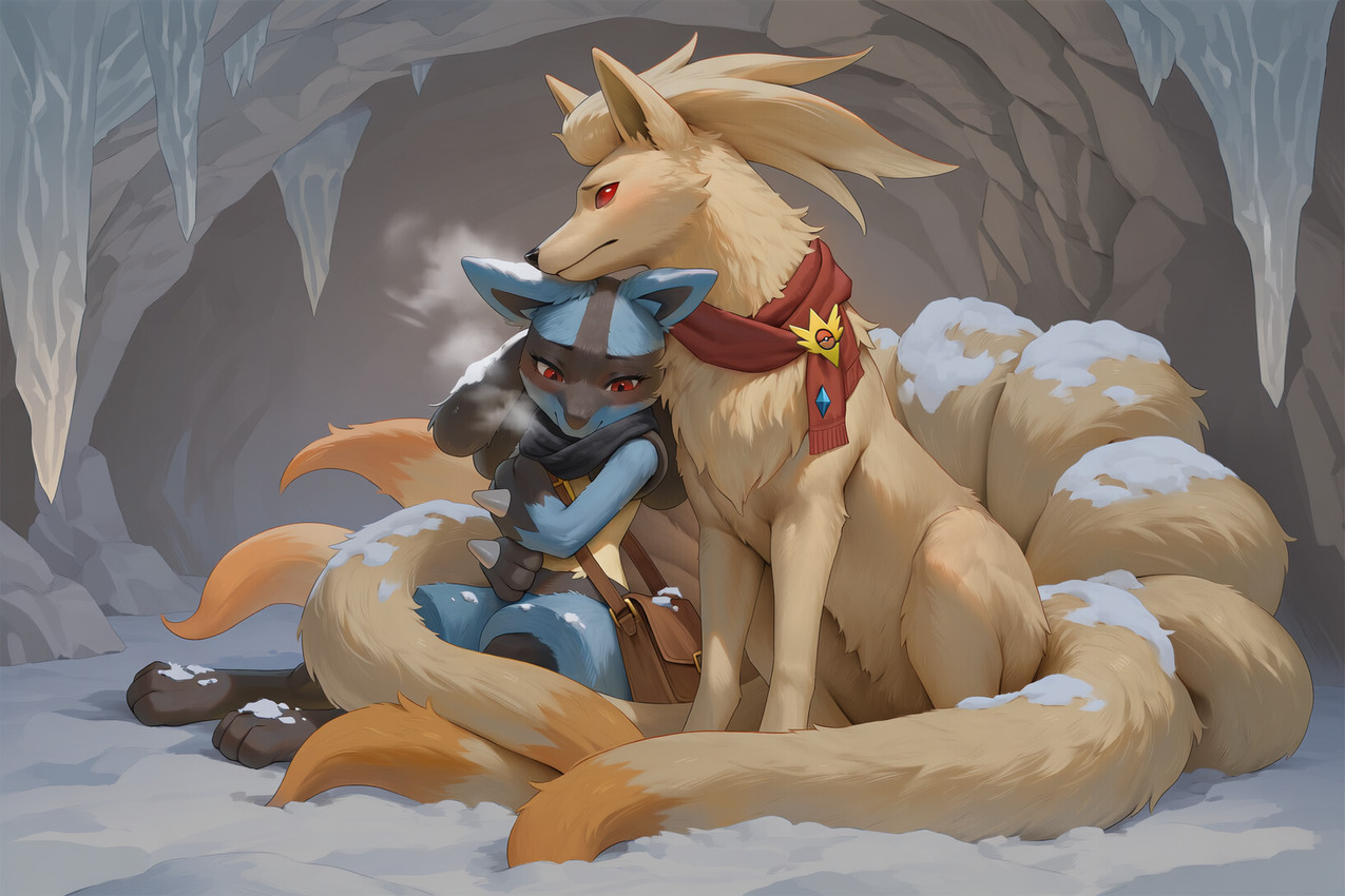 ambiguous_gender badge blue_body cave duo feral fur ice inside multi_tail red_eyes scarf self_hug shoulder_bag sitting sitting_on_ground snow snow_on_character tail_hug tuft yellow_body anonymous_director nintendo pokemon pokemon_mystery_dungeon spike_chunsoft canid canine fox generation_1_pokemon generation_4_pokemon lucario mammal ninetales pokemon_(species)