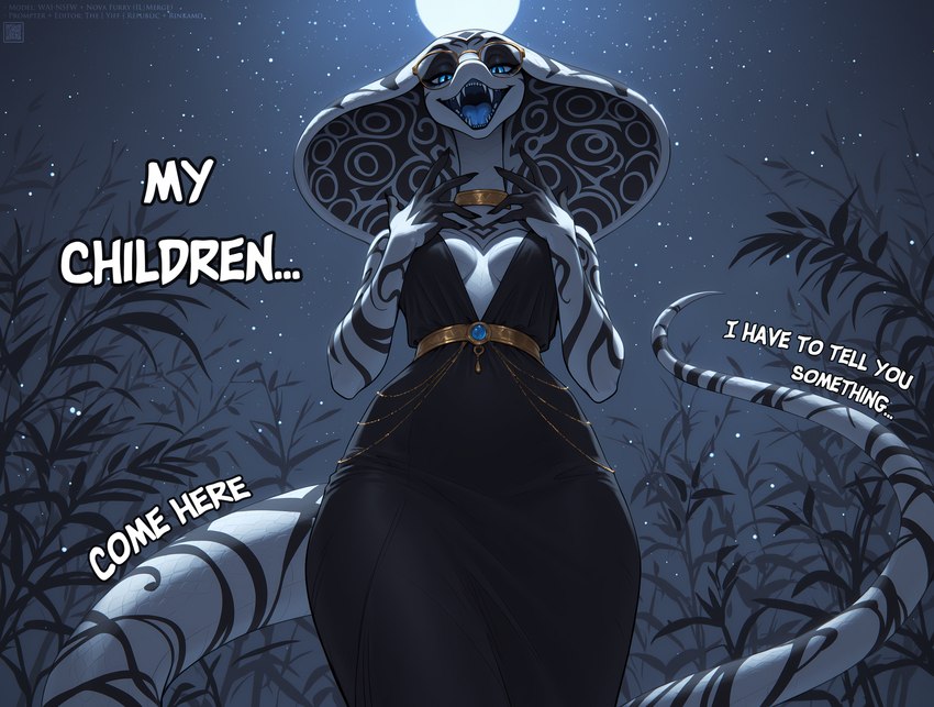 abstract_background anthro black_clothing black_dress black_markings blue_eyes blue_tongue breasts clothed clothing dress fangs female jewelry long_tail looking_at_viewer looking_down_at_viewer low-angle_view markings moon night non-mammal_breasts open_mouth outside plant pupils scales slit_pupils solo text tongue wearing_glasses white_body white_skin rinkamo the_yiff_republic cobra reptile scalie snake absurd_res english_text hi_res