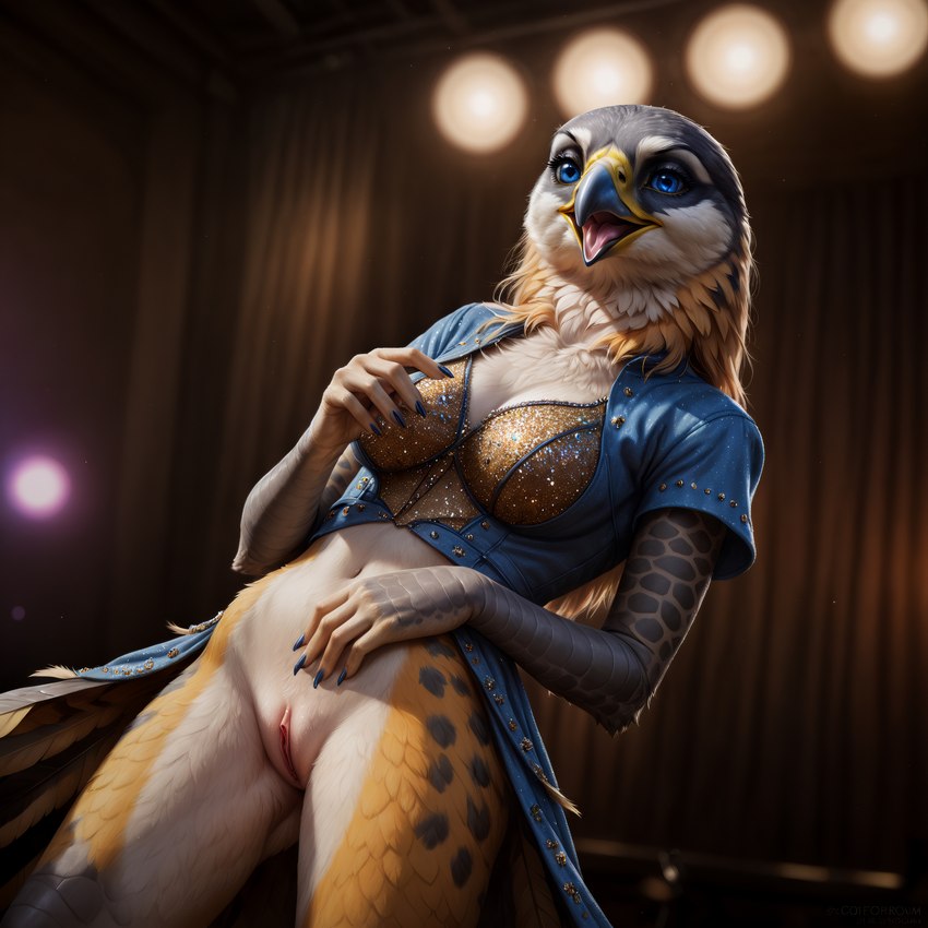 anthro beak biped blue_clothing blue_eyes blurred_background bottomless bottomless_female bra breasts claws cleavage clitoral_hood clitoris clothed clothing curtains exposure_variation eyelashes feathers female front_view genitals inside jacket light lingerie looking_at_viewer low-angle_view markings multicolored_body multicolored_feathers nails navel neck_tuft non-mammal_breasts open_beak open_mouth partially_clothed pinup pose pussy scutes seductive solo spotlight spots stage standing tail_feathers tongue topwear tuft underwear white_body yellow_body birdlover avian bird falcon falconid absurd_res detailed digital_media_(artwork) hi_res portrait three-quarter_portrait