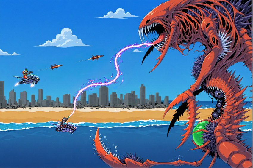 anthro battle beach blue_sky body_horror building city cityscape claws clothing cloud day detailed_background duo group gun holding_object holding_weapon laser_beam male open_mouth outside plasma ranged_weapon red_body riding rocket sand science_fiction sea seaside sharp_teeth side_view size_difference sky spikes spikes_(anatomy) teeth tongue tongue_out trio vehicle water watercraft weapon thebigbradwulf brad_wulf_(thebigbradwulf) buckshot_bruin_(thebigbradwulf) alien arthropod canid canine canis cervid cnidarian crustacean human humanoid kaiju mammal marine monster wolf hi_res