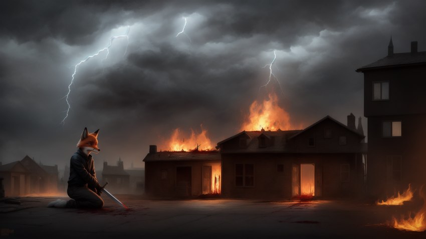 anthro backround blood bodily_fluids fire lightning male melee_weapon solo storm storm_clouds sword town unnamedfox weapon thejadedwolf canid canine fox humanoid mammal hi_res