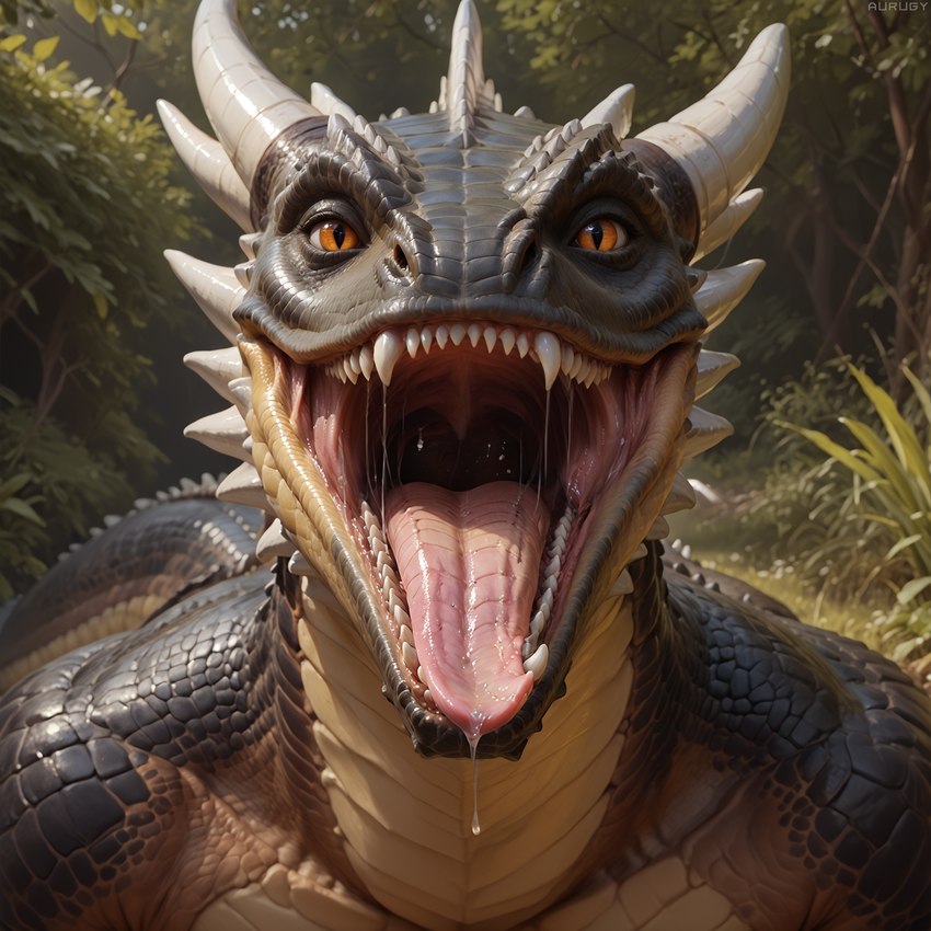 anthro bodily_fluids dripping forest horn looking_at_viewer male mouth_shot open_mouth outside photorealism photorealistic plant realistic saliva saliva_drip saliva_on_tongue saliva_string sharp_teeth solo teeth throat tongue tongue_out tree upper_body uvula vore wide_open_mouth aurugy argonian dragon dragonborn_(dnd) scalie detailed hi_res