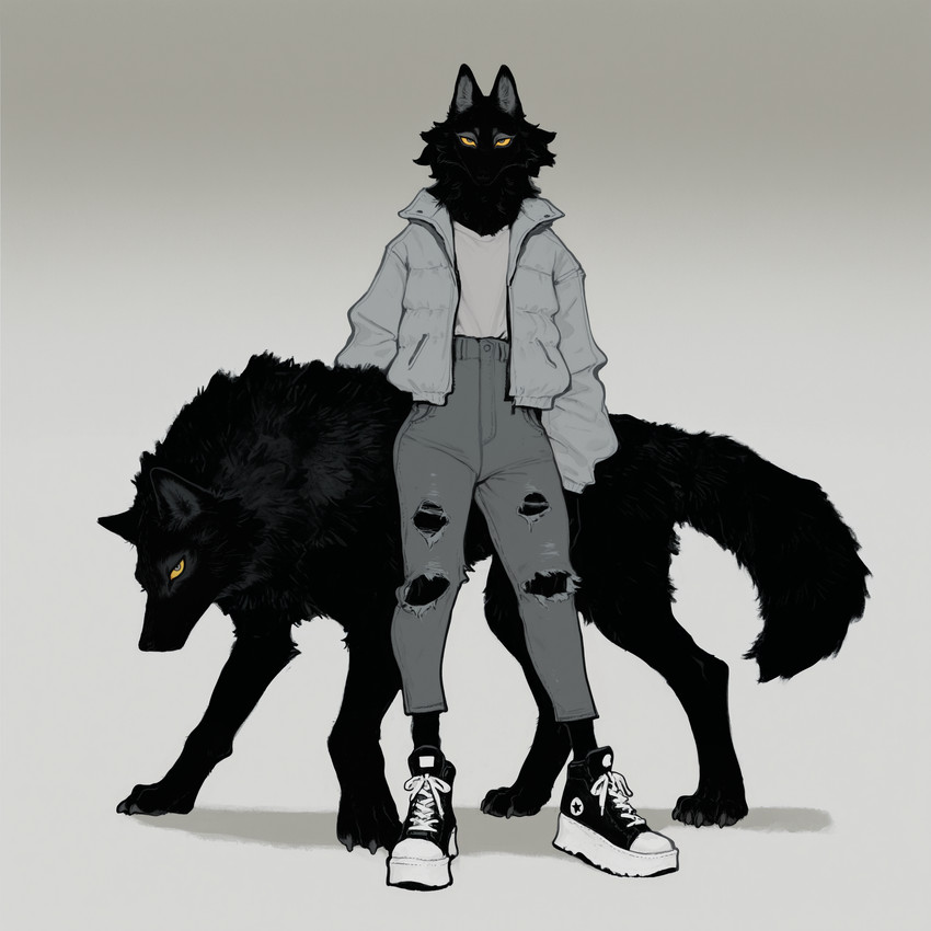 ambiguous_gender biped black_body black_fur black_nose bottomwear claws clothed clothing denim denim_bottomwear denim_clothing digitigrade duo female feral footwear fully_clothed fur gradient_background grey_background jacket jeans looking_at_viewer pants pockets quadruped shirt shoes simple_background sneakers standing topwear torn_bottomwear torn_clothing torn_pants tuft yellow_eyes anotheranon canid canine canis mammal wolf hi_res