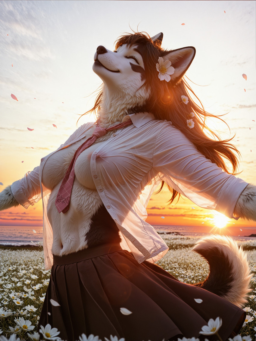 accessory anthro athletic backlighting between_breasts black_bottomwear black_clothing black_skirt blue_sky bottomwear breasts breasts_apart clothed clothing cloud collared_shirt covered_nipples eyes_closed falling_petals female field flower flower_field fur hair hair_accessory happy horizon lens_flare light long_hair medium_breasts mouth_closed multicolored_body multicolored_fur navel necktie nipples no_bra open_clothing open_shirt open_topwear organs outside outstretched_arms partially_clothed petals plant pleated_skirt rolled_up_sleeves school_uniform sea shirt skirt sky smile solo spread_arms standing stomach sun sunlight sunrise sunset tail topwear translucent translucent_clothing translucent_shirt translucent_topwear twilight two_tone_body two_tone_fur unbuttoned unbuttoned_shirt uniform water white_clothing white_shirt white_topwear mira_koks canid canine canis domestic_dog husky mammal nordic_sled_dog spitz absurd_res hi_res lighting portrait three-quarter_portrait