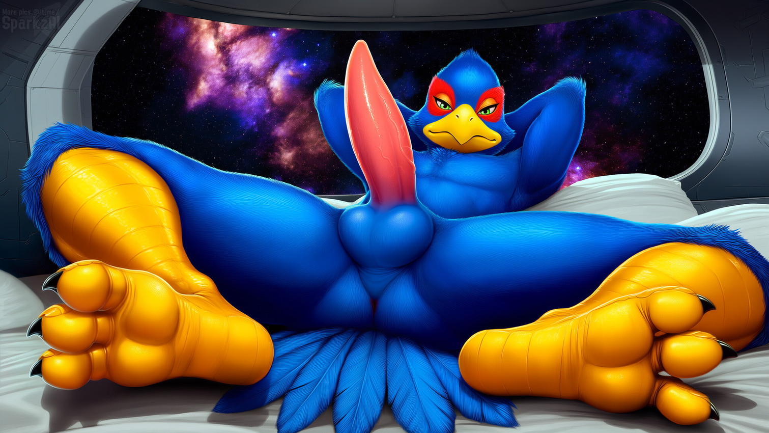 3_toes animal_genitalia animal_penis anthro anus avian_feet balls barefoot beak bed biped blue_balls blue_body blue_feathers butt claws erection feathers feet foot_focus furniture genitals green_eyes half-closed_eyes hands_behind_head inside looking_at_viewer lying male male_anthro multicolored_body multicolored_feathers narrowed_eyes non-mammal_balls nude on_back on_bed paws penis perineum pillow pink_penis presenting presenting_penis red_body red_feathers scuted_legs scutes seductive smile soles solo spread_legs spreading star tail tail_feathers talons tapering_penis telegram telegram_logo text toe_claws toes two_tone_body two_tone_feathers yellow_beak yellow_scutes sergalbutt nintendo star_fox falco_lombardi avian bird director_name hi_res signature url
