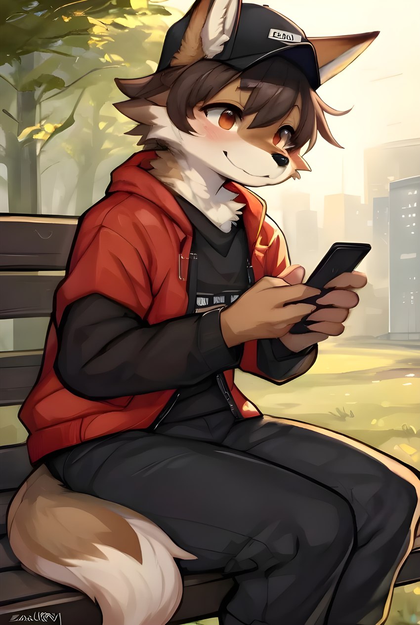 anthro black_clothing clothed clothing fur hair hat headgear headwear male nature orange_clothing orange_eyes phone shirt sitting smile solo solo_focus t-shirt topwear white_body white_fur nikfur canid canine fox mammal tail absurd_res hi_res