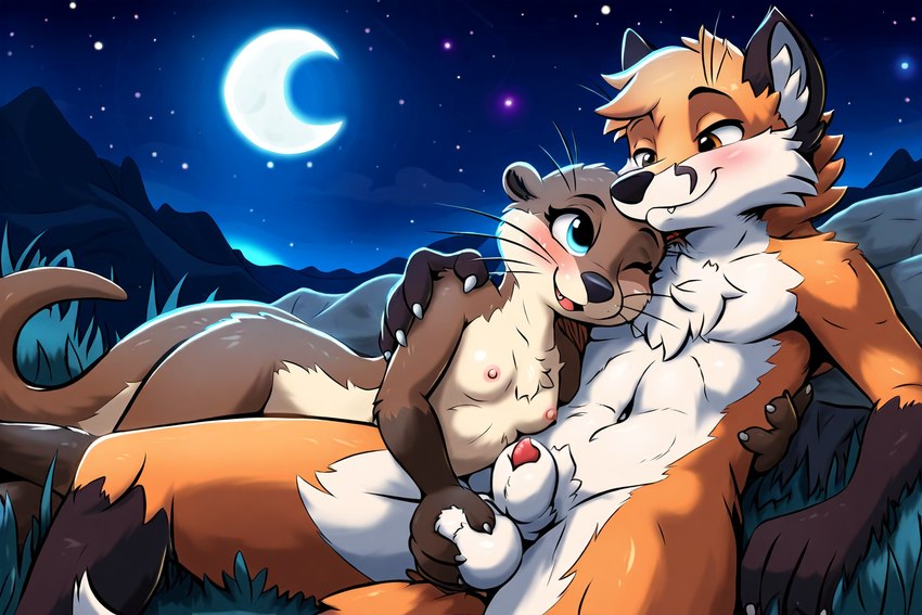 anthro ball_fondling balls blush chest_tuft cuddling duo female fondling genitals holding_partner male male/female moon romantic romantic_couple sky smile star starry_sky tuft valley pixel_wizard canid canine fox lutrine mammal mustelid