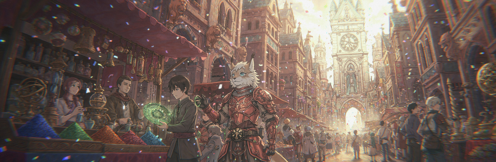 5_fingers amazing_background anthro armor black_clothing black_gloves black_handwear black_nose blue_eyes city city_background cityscape clock clock_tower clothed clothing confetti crowd detailed_background ear_tuft fantasy fingers fur gloves group handwear jewelry low-angle_view male market medieval multicolored_body multicolored_fur solo tuft two_tone_body two_tone_fur ultrawide white_body white_fur nekomatasaren saren_(nekomatasaren) felid feline human lynx mammal absurd_res hi_res