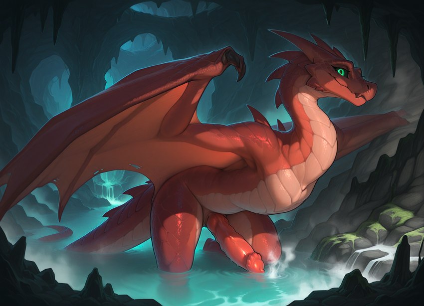 animal_genitalia animal_penis bathing black_sclera cave erection feral genitals green_eyes hot_spring looking_at_viewer male partially_submerged penis red_body red_scales scales solo spread_wings water wings nonimousmate dragon scalie wyvern hi_res