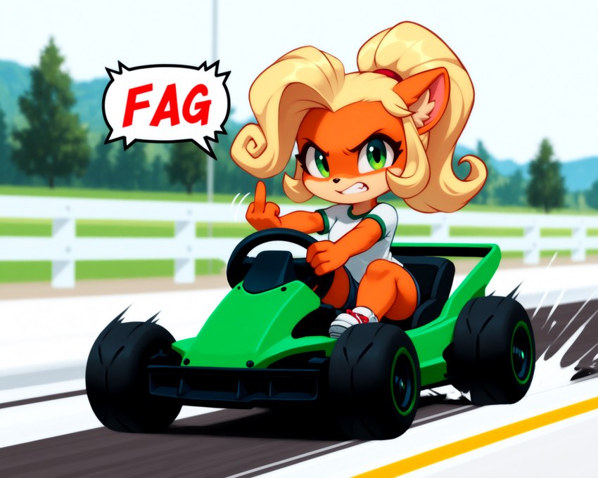 angry anthro blonde_hair breasts clothing day detailed_background female gesture hair long_hair middle_finger plant ponytail solo speech_bubble text tree vehicle anonymous_director crash_bandicoot_(series) mario_kart coco_bandicoot mammal marsupial english_text hi_res