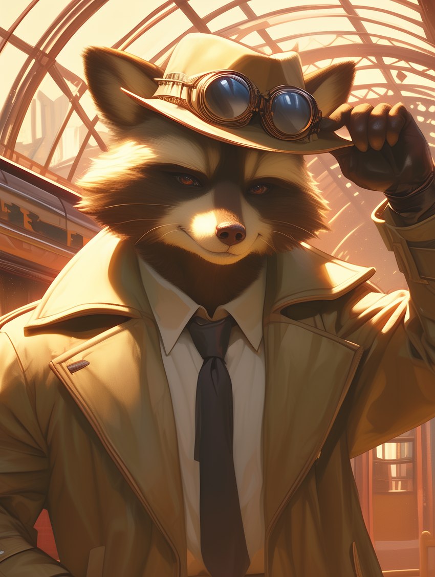 anthro brown_body brown_eyes brown_fur brown_nose clothing coat countershade_face countershading eyewear fur gloves goggles handwear hat headgear headwear inside light male necktie shirt smile solo topwear trenchcoat undershirt whiskers sappy_(director) mammal procyonid raccoon absurd_res hi_res lighting shaded