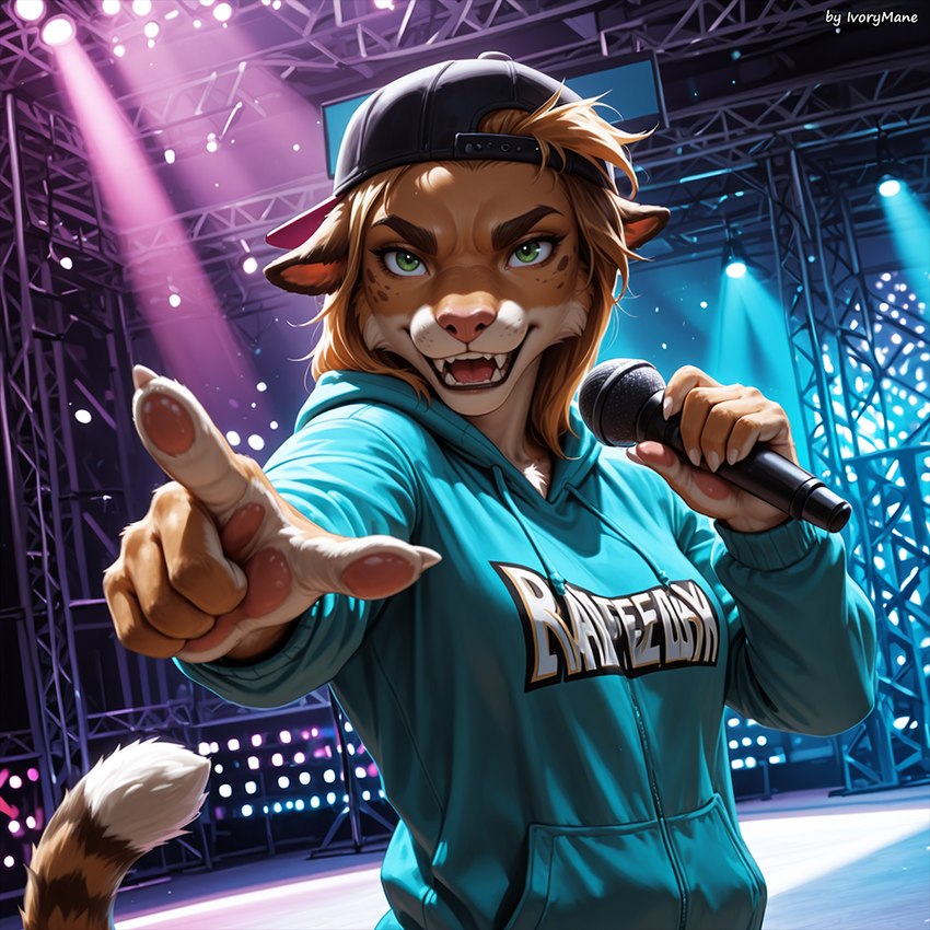 angry anthro clothing ears_back ears_down female gesture green_eyes hair hat headgear headwear hoodie long_hair microphone pawpads pivoted_ears pointing solo stage topwear ivorymane felid mammal watermark