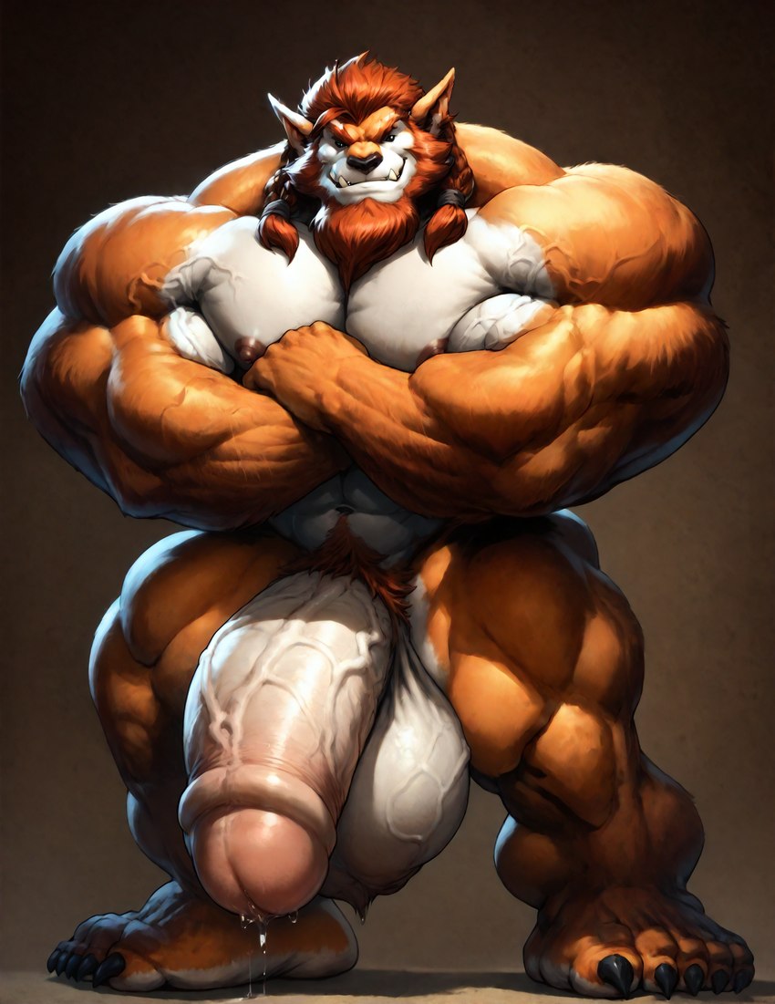 5_toes abs anthro balls beard biceps big_balls big_muscles big_penis black_claws black_eyes bodily_fluids claws crossed_arms facial_hair fangs feet fur genital_fluids genitals hair huge_balls huge_muscles huge_penis humanoid_feet humanoid_pointy_ears hyper hyper_balls hyper_genitalia hyper_penis leaking_precum male muscular nude orange_body orange_fur pecs penis precum red_hair smile smirk solo standing thick_penis toes vein veiny_balls veiny_muscles vanzilen bugbear humanoid full-length_portrait hi_res portrait