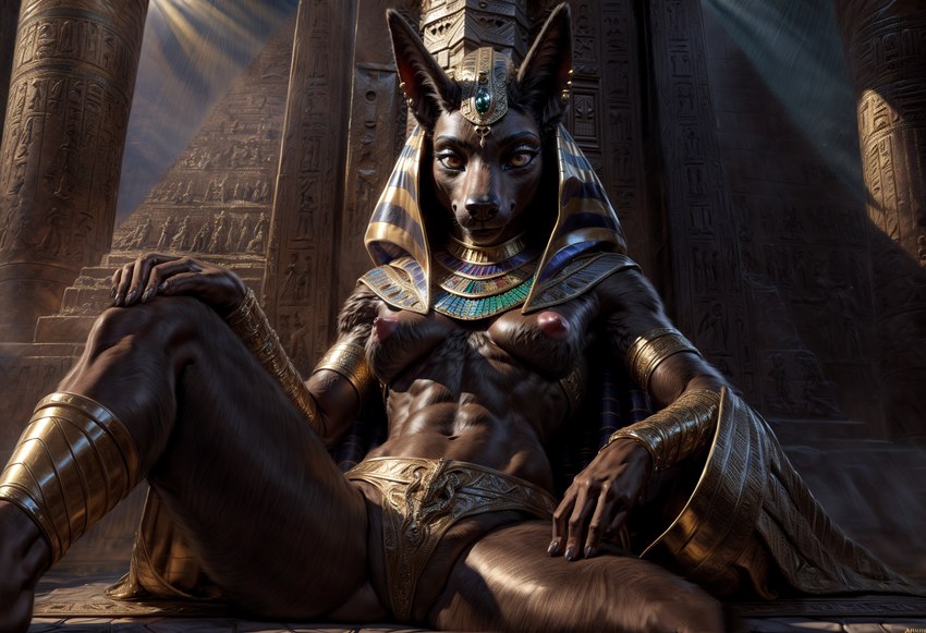 anthro chair female furniture looking_at_viewer queen royalty solo throne visible_nipples ruski218 anubis anubian_jackal canid canine canis deity jackal mammal hi_res