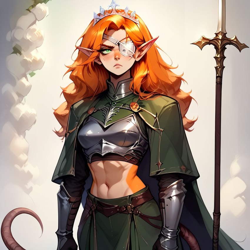 armor athletic belly breastplate cape clothing crown eye_patch eyewear female fur gauntlets gloves green_clothing green_eyes hair handwear humanoid_face humanoid_pointy_ears looking_at_viewer melee_weapon midriff navel orange_body orange_fur orange_hair polearm rat_tail simple_background solo spear tiara weapon white_belly redactedpaws vermillia elf humanoid hybrid mammal murid murine rat rodent